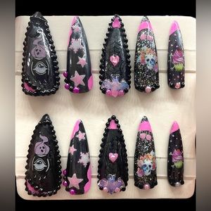 Gothic princess gel nails. Long stiletto.